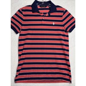 Polo Golf Performance Men's Polo Size Medium Coral/Blue Strips White Pony Preppy